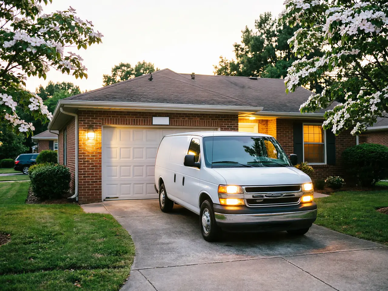 A white van is parked in a driveway in front of a brick house with a white garage door.