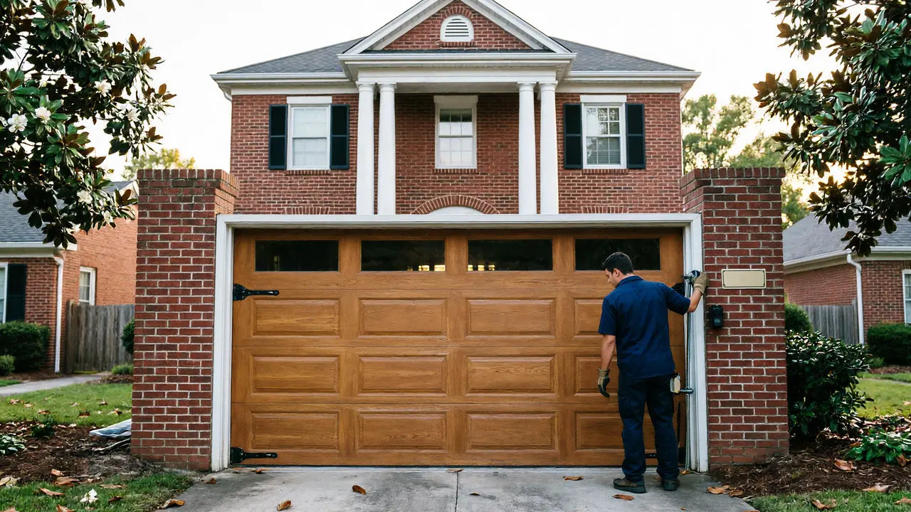 A technician in a blue shirt works on a wooden garage door of a brick house.