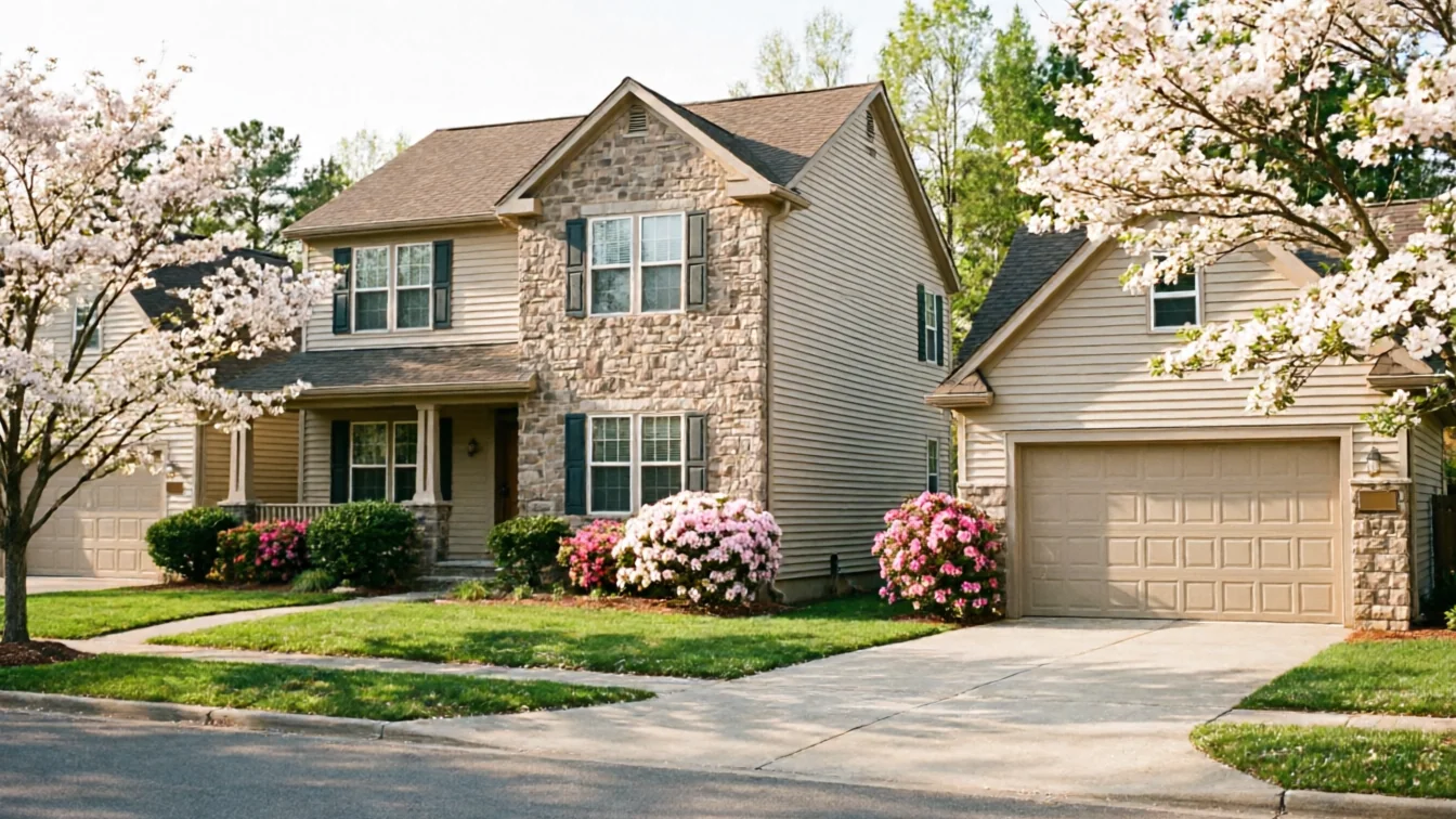 A two-story house with a beige garage door and blooming trees in the yard.