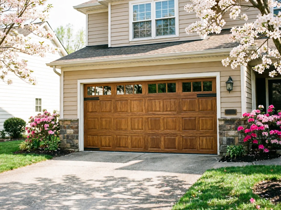 A brown wooden garage door with windows is on a house with stone accents.