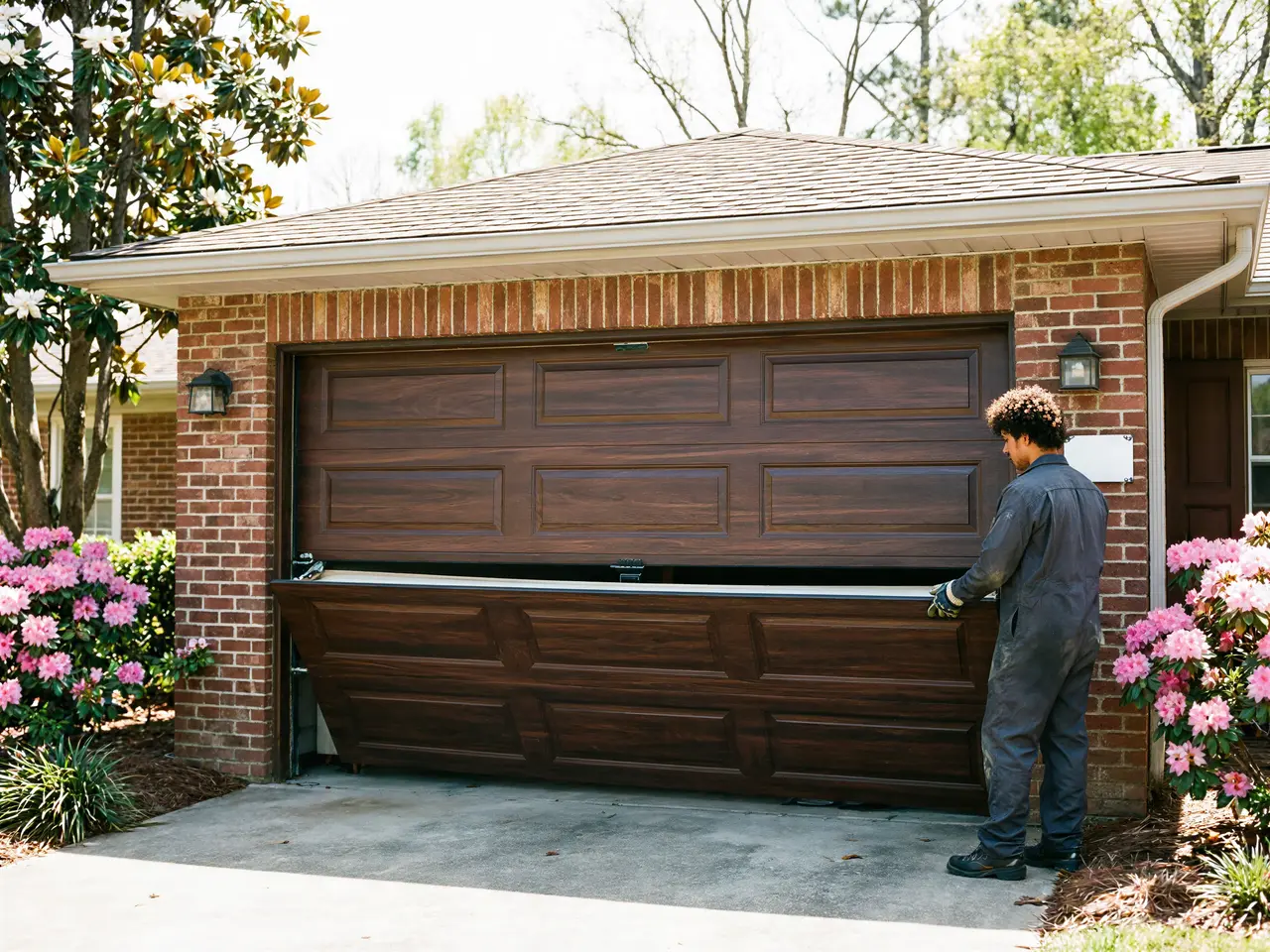 A technician in a gray jumpsuit works on a brown garage door on a brick house.