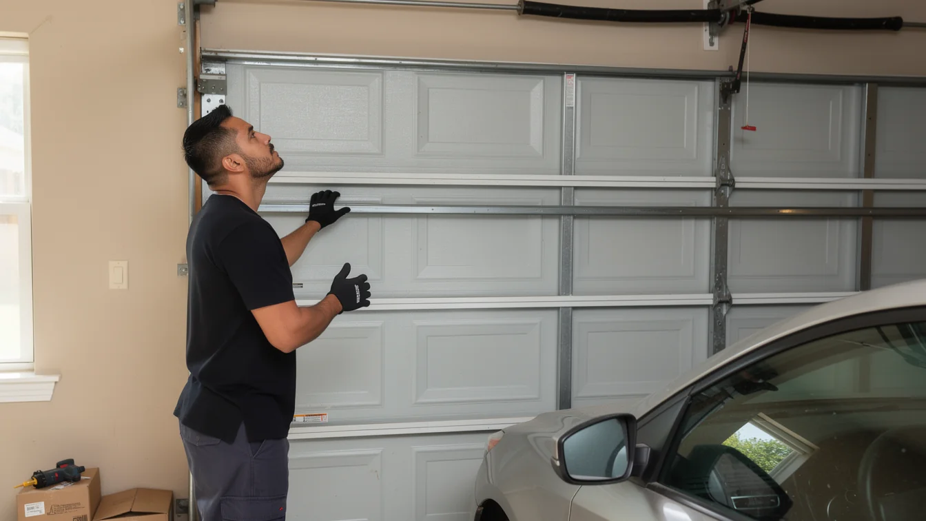 A technician wearing gloves is looking up at a white garage door.