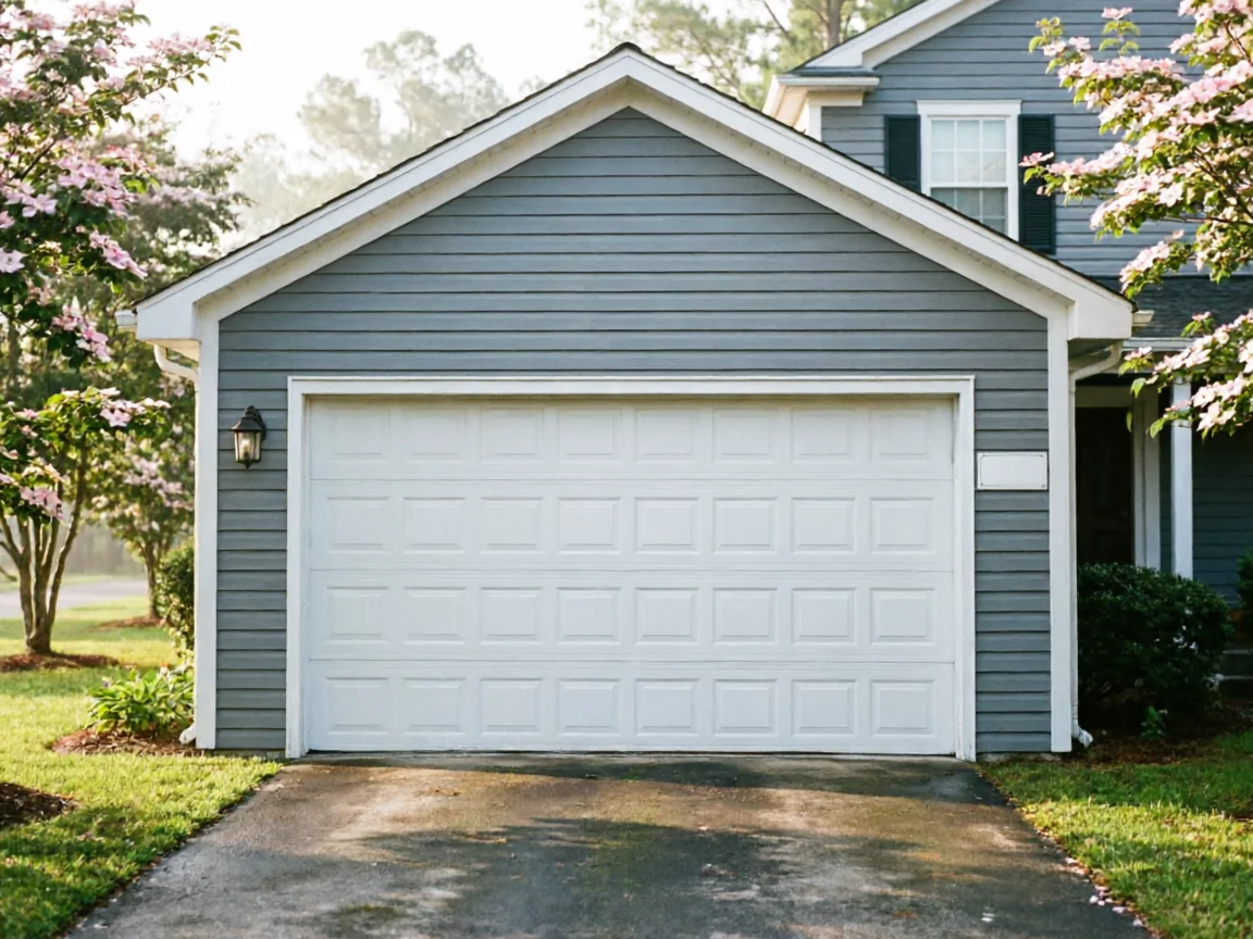 A white paneled garage door is on a blue house with blooming trees.